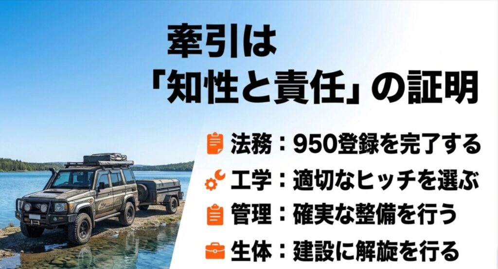 950登録、適切なヒッチ選定、確実な管理を徹底し、責任ある牽引ライフを送ることを促すまとめのスライド