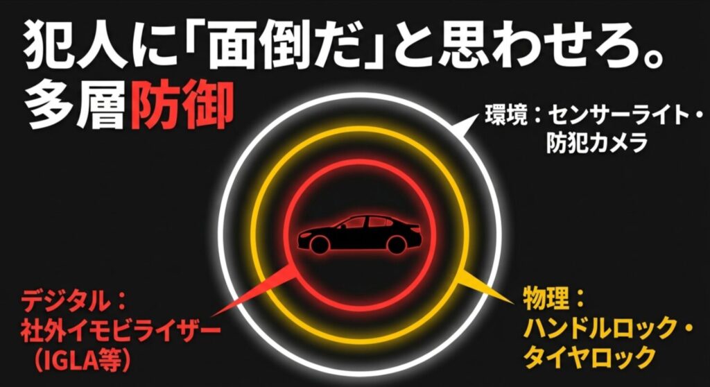 デジタルイモビライザーと物理ロック、監視カメラ等を組み合わせ、犯行時間を5分以上かけさせる戦略の図解