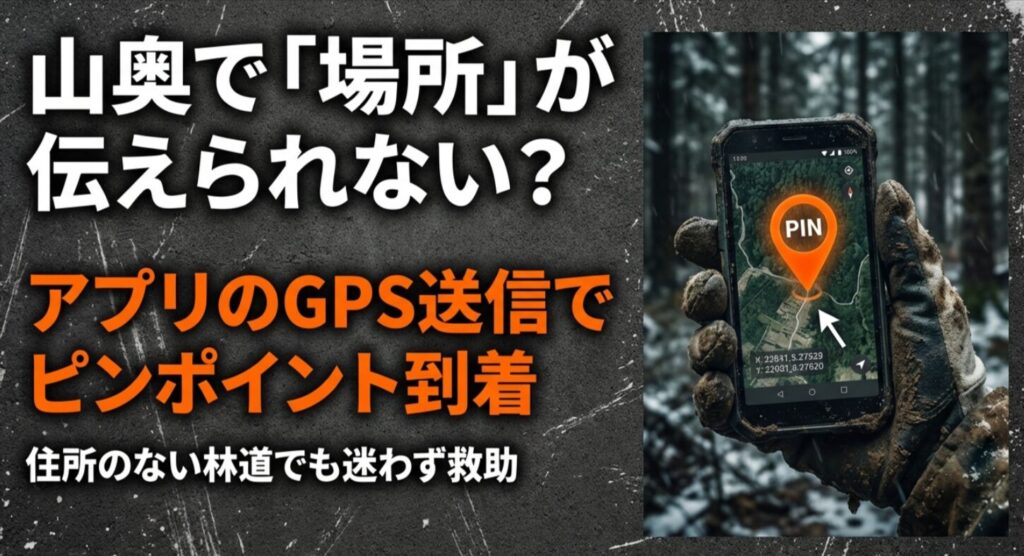 アプリのGPS送信機能により、住所のない林道でもピンポイントで救援を呼べる仕組みの紹介
