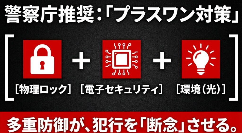 物理ロック、電子セキュリティ、光による環境対策を組み合わせた「プラスワン対策」が、犯行を断念させる唯一の方法であることを示す図解。