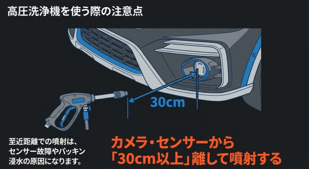 カメラやセンサーから30cm以上離して高圧水を噴射することを推奨するイラスト