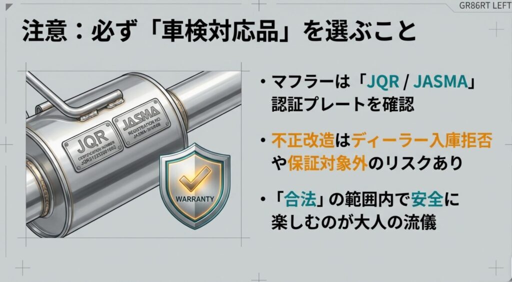 JQR/JASMA認証プレートの確認や、不正改造によるディーラー入庫拒否のリスクを伝える注意喚起