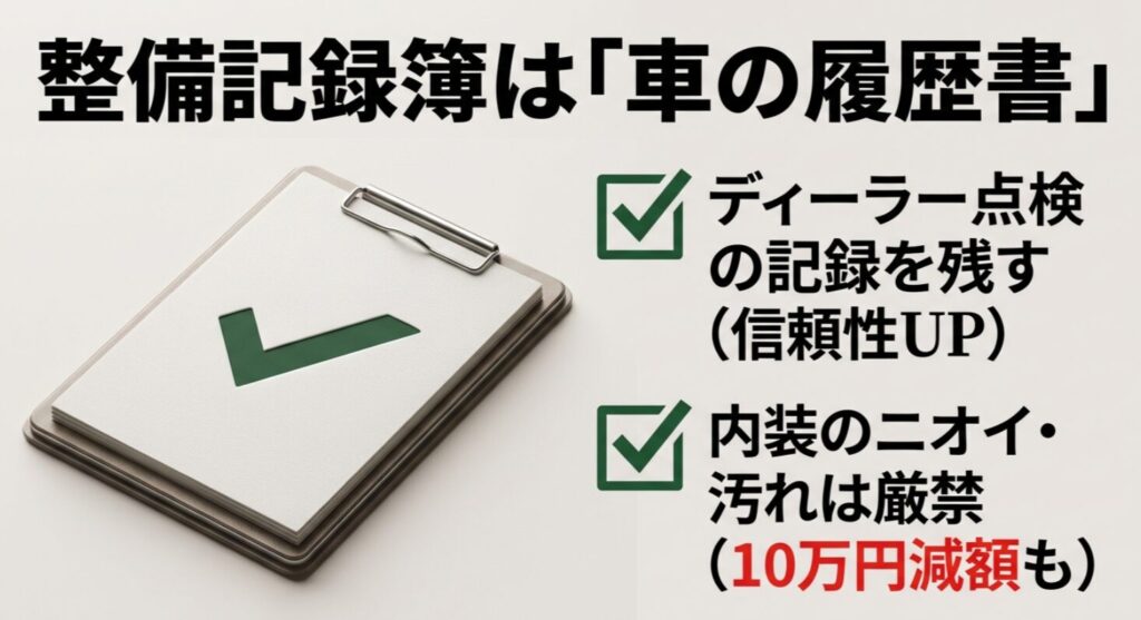 信頼性を高めるディーラー点検の整備記録簿と、10万円の減額にもなり得る内装のニオイ・汚れ防止の重要性