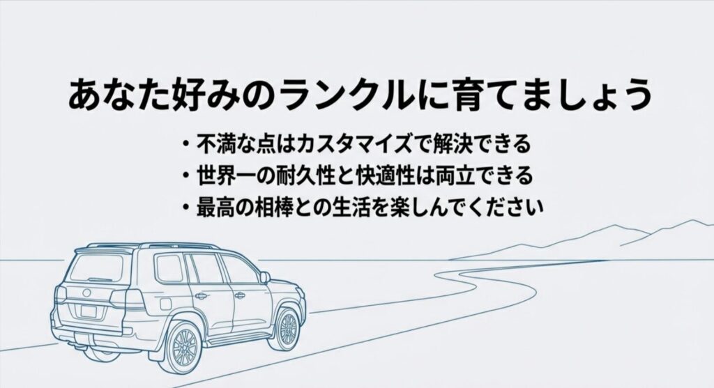 ランドクルーザー300の耐久性と快適性を両立させ、最高の相棒へと育てることを提案するイメージイラスト