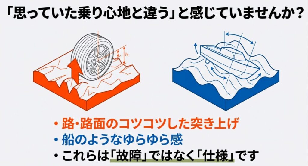 ランドクルーザー300の乗り心地で指摘される路面の突き上げと船のような揺れを表現した比較イラスト