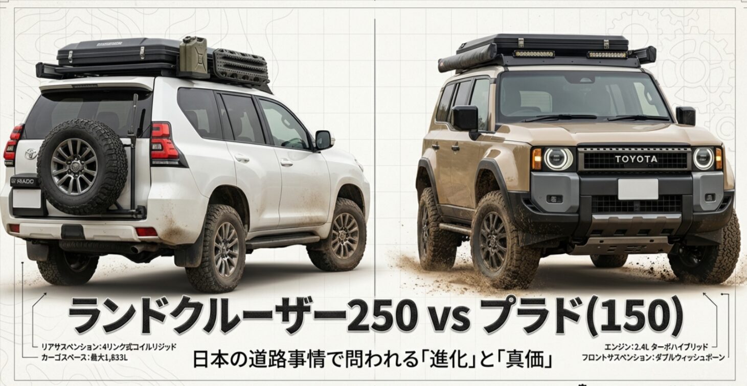 ランドクルーザー250とプラド150のどちらが生活に合うかを比較するスライド資料の表紙。