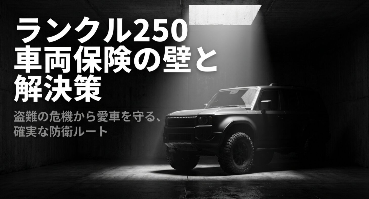 ランクル250の車両保険加入における壁と解決策を提示したスライド資料のタイトル画面
