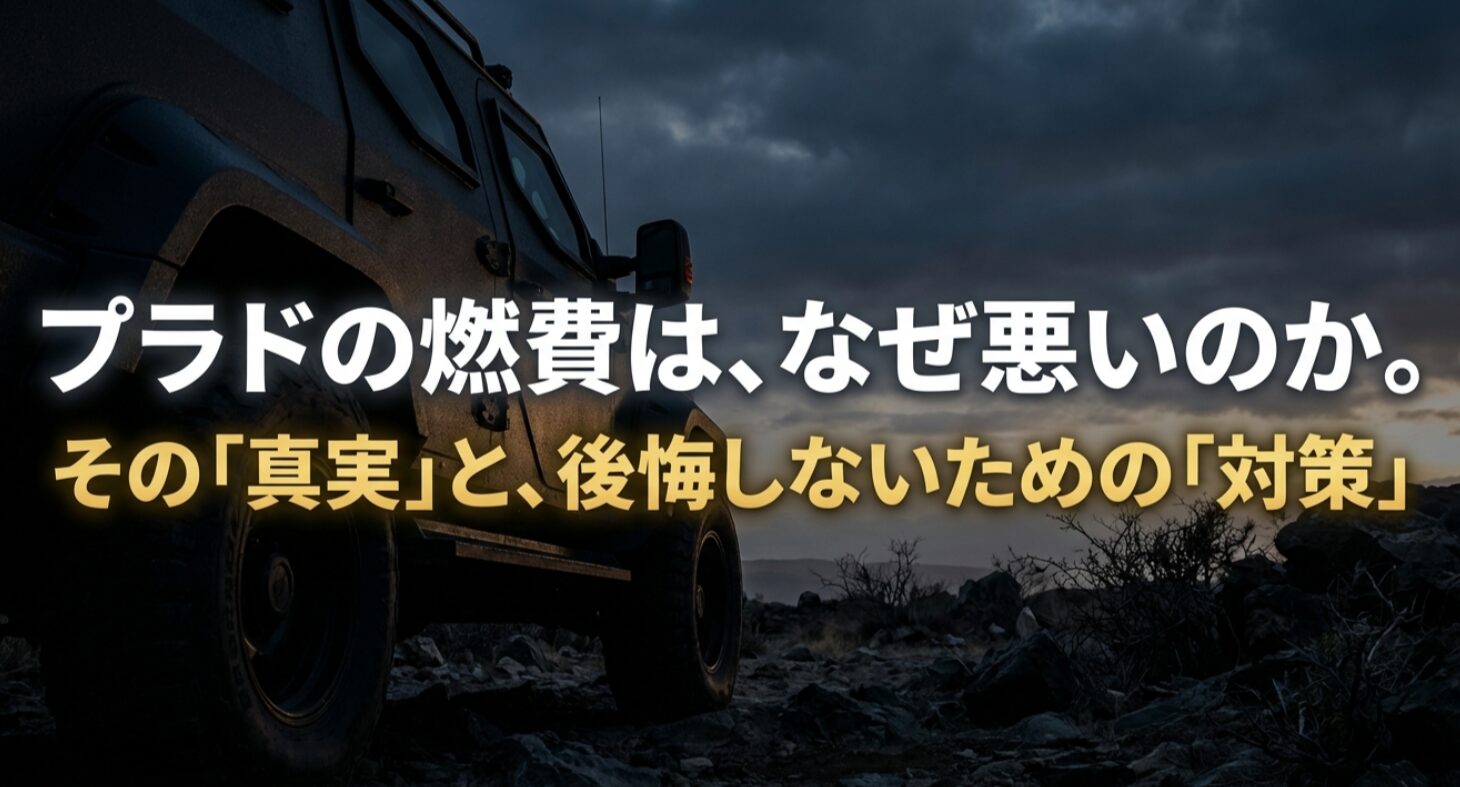 プラドの燃費が悪い理由とその対策についての解説スライド表紙。「プラドの燃費は、なぜ悪いのか。その真実と、後悔しないための対策」というタイトル