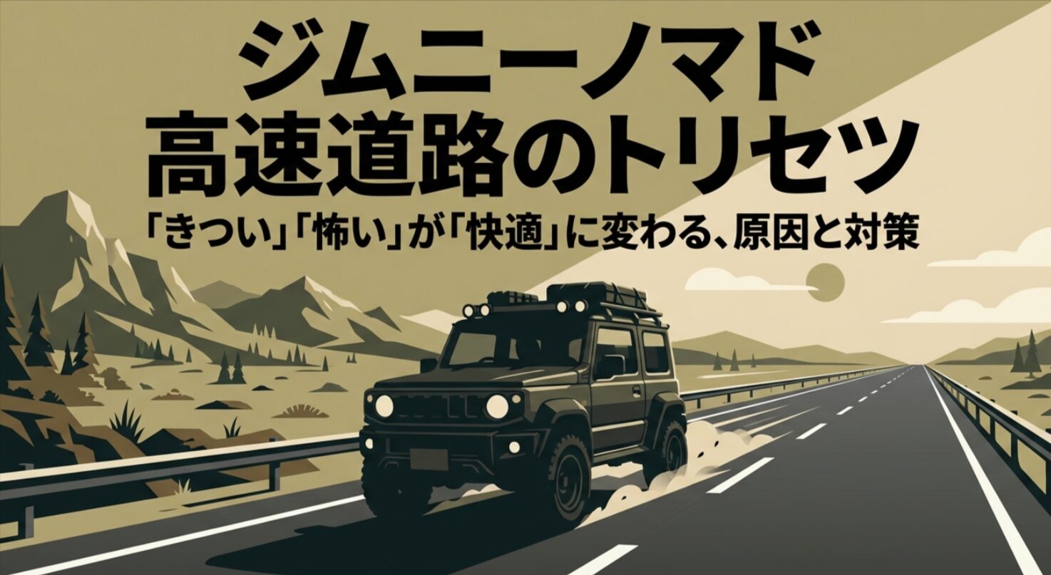 ジムニーノマドの高速道路走行における「きつい」「怖い」を解決するための解説スライド表紙。
