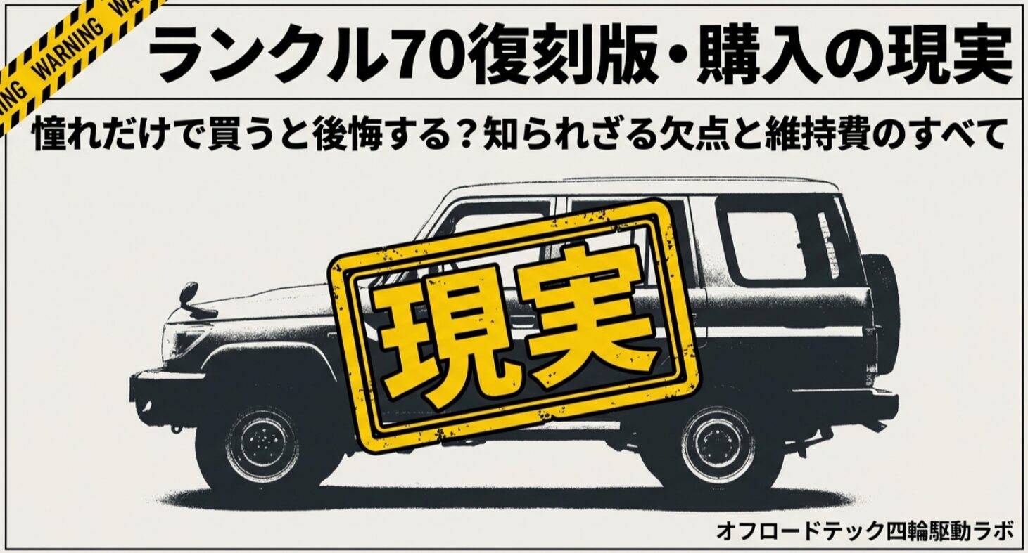 「憧れだけで買うと、必ず後悔する。」という警告メッセージが書かれたランクル70購入検討者向けのスライド画像