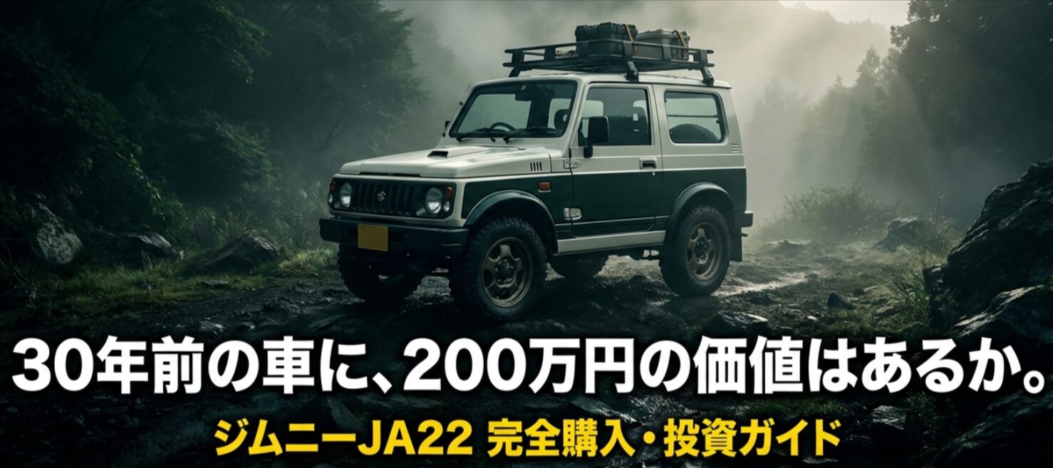 ジムニーJA22の購入と投資価値について解説したガイドブックの表紙。30年前の車に200万円の価値があるかを問うデザイン 。