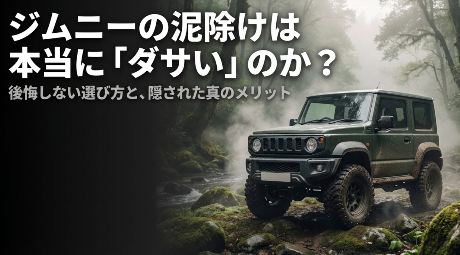 ジムニーのマッドフラップ装着に関する悩みとメリットを解説するタイトルのスライド画像