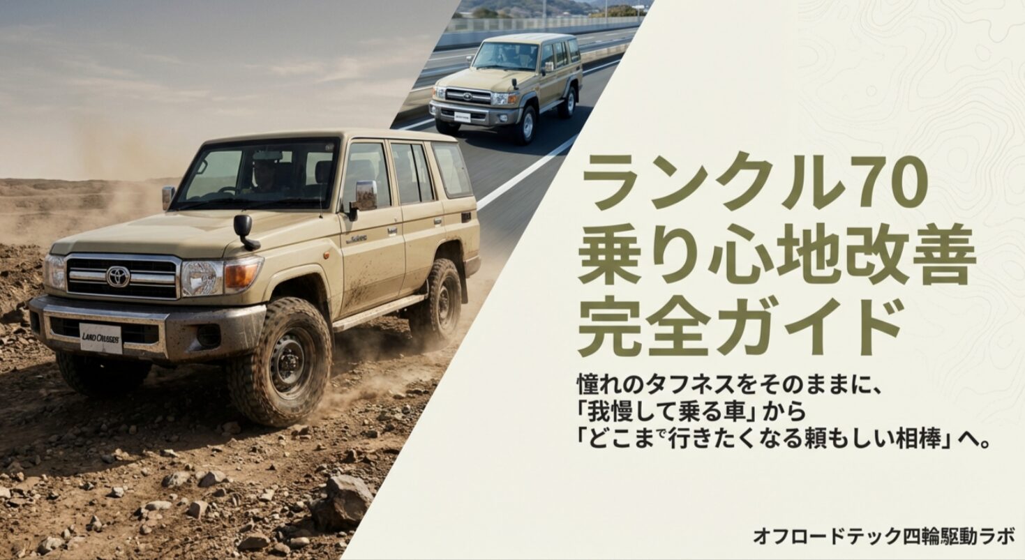 ランクル70の突き上げを無くすための5つの改善段階を示した導入スライド