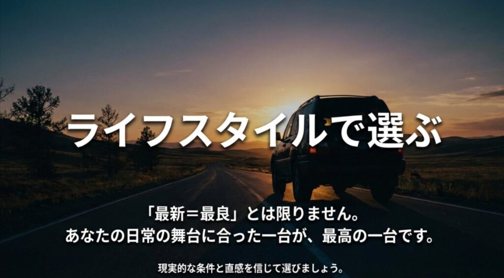 最新が最良とは限らず、自分のライフスタイルに合った一台を選ぶことを推奨するメッセージスライド 。