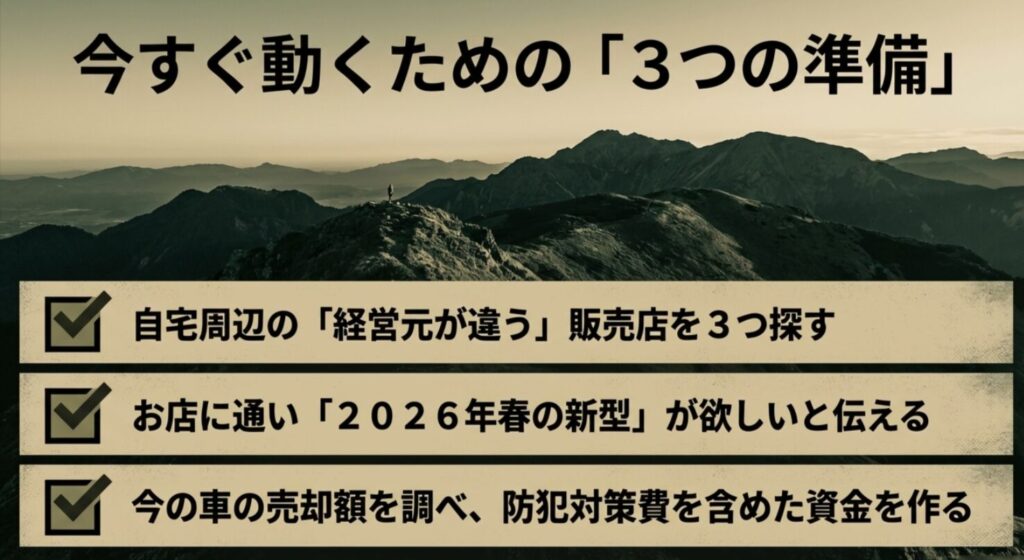 経営元の違う店探し、春の新型の案内希望、資金作りの3つの準備アクションプランをまとめた画像