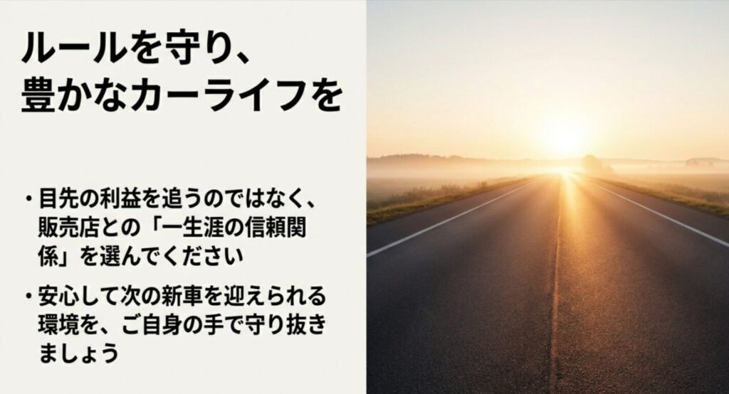 目先の利益ではなく信頼関係を選び、安心して次の新車を迎えられる環境を守るためのメッセージ