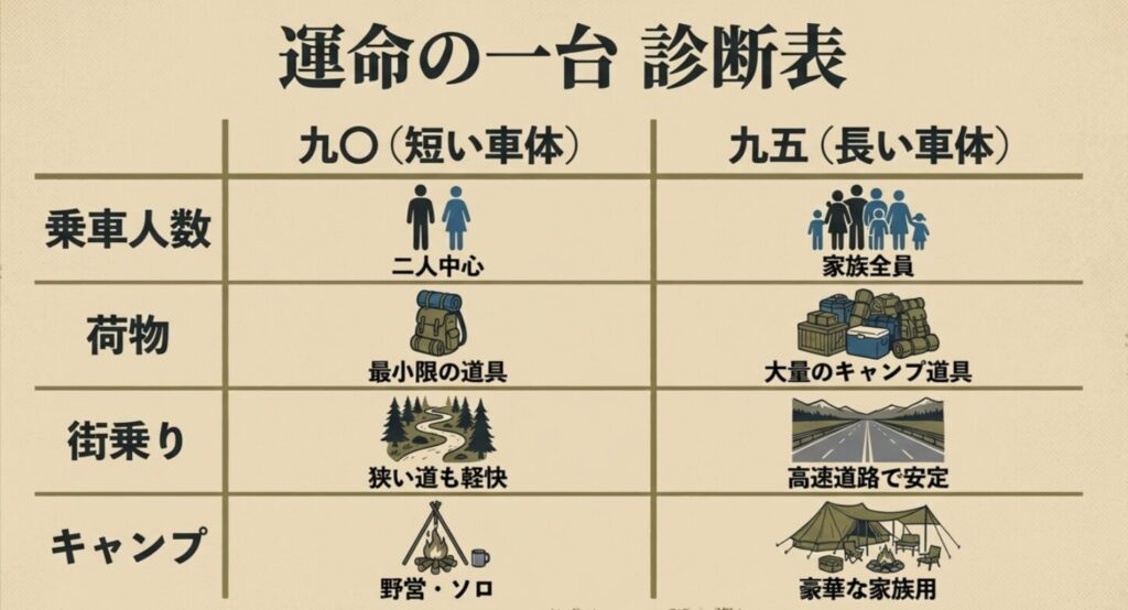人数、荷物、街乗り、キャンプのスタイル別に90系と95系のどちらが適しているかをまとめた最終診断表。