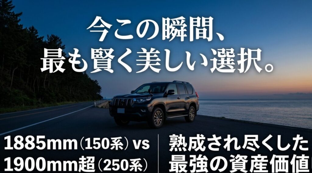 150系（1885mm）と250系（1900mm超）の全幅の違いと、熟成された150系の価値を強調するスライド