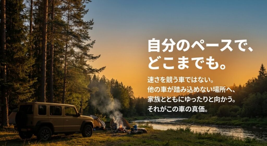 速さを競わず、家族とともに新しい場所へゆったりと向かう、5ドアならではの真価を伝えるエンディング 。