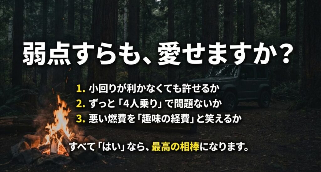 ジムニーノマドのデメリットを許容できるか確認する3つの質問とまとめのスライド