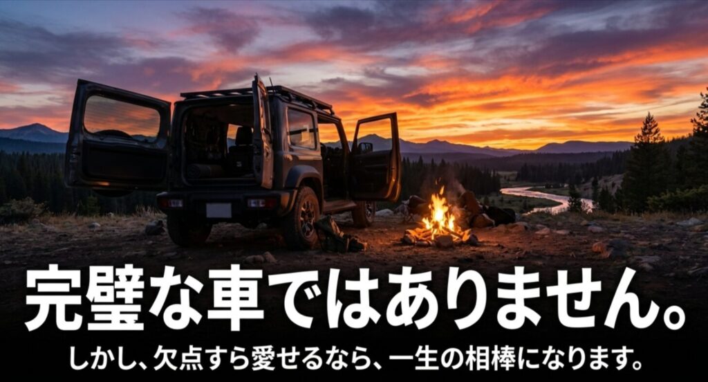 完璧ではないジムニーノマドの欠点すら愛せる人にとって、この車が一生の相棒になることを結ぶスライド。