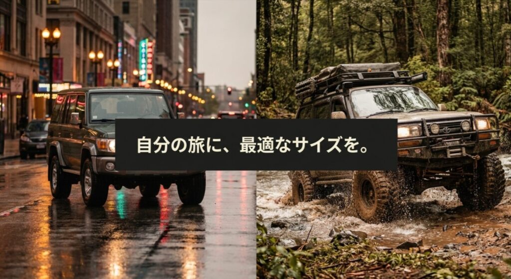 自分の旅のスタイル（快適性重視かルックス重視か）に合わせて最適なタイヤサイズを選ぶよう促す結論スライド。