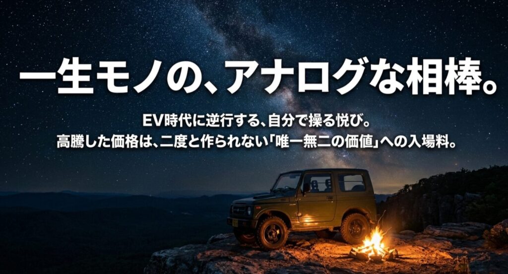 EV時代にあえて自分で操る悦びを持つこと、JA22の唯一無二の価値についてまとめた締めくくりのスライド 。