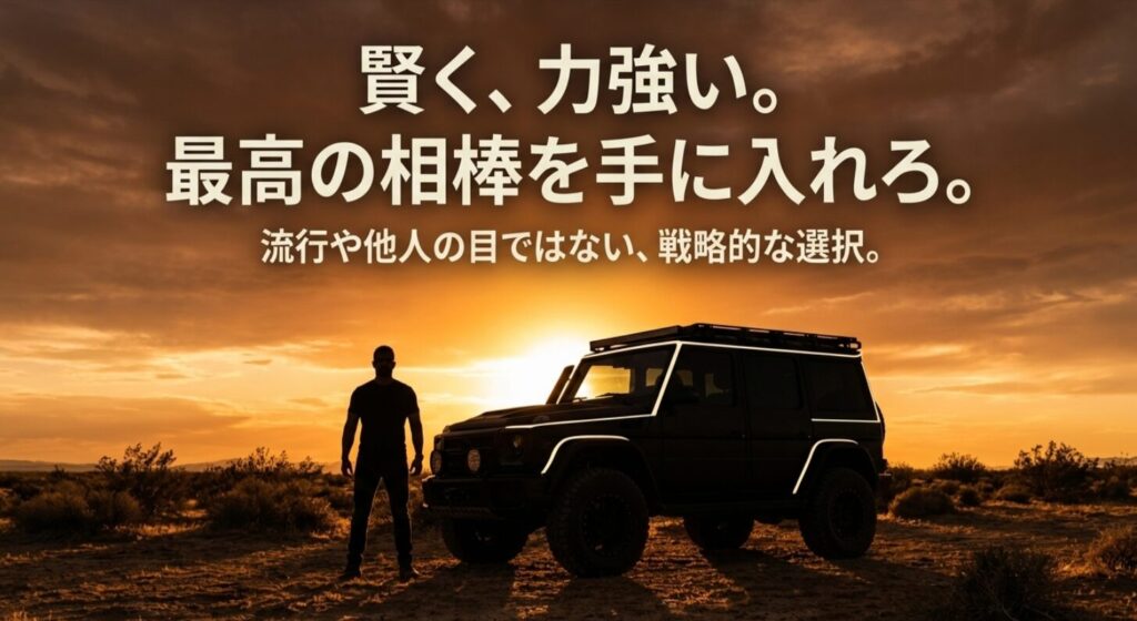 流行や他人の目ではなく、戦略的な選択として最高の相棒（アイボリーのジムニー）を推奨するスライド