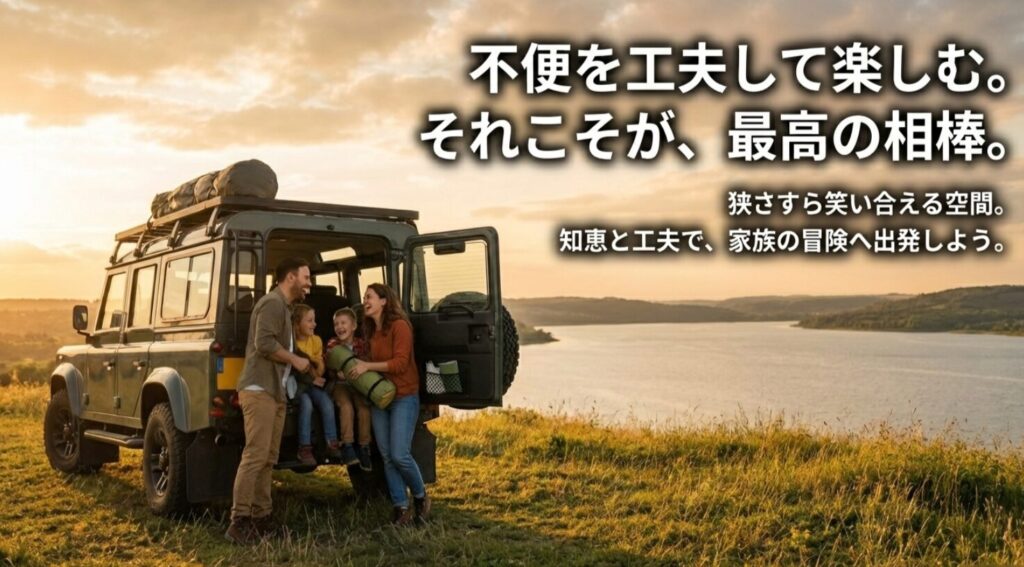 不便を工夫して楽しみ、狭さすら笑い合える最高の相棒として家族の冒険へ出発しようと結ぶスライド