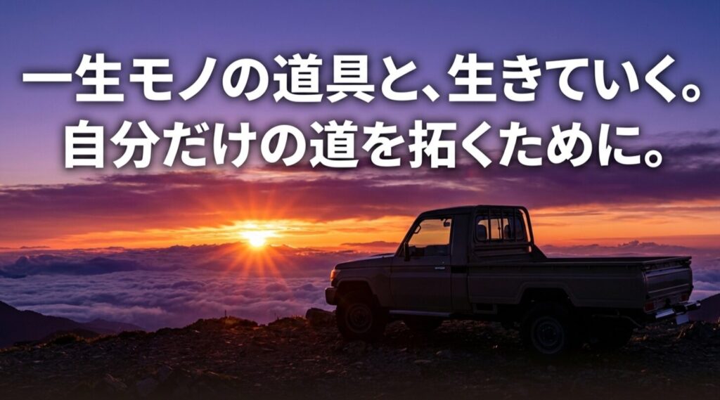 記事のまとめ画像。一生モノの道具と生きていく、自分だけの道を拓くためにというメッセージ。