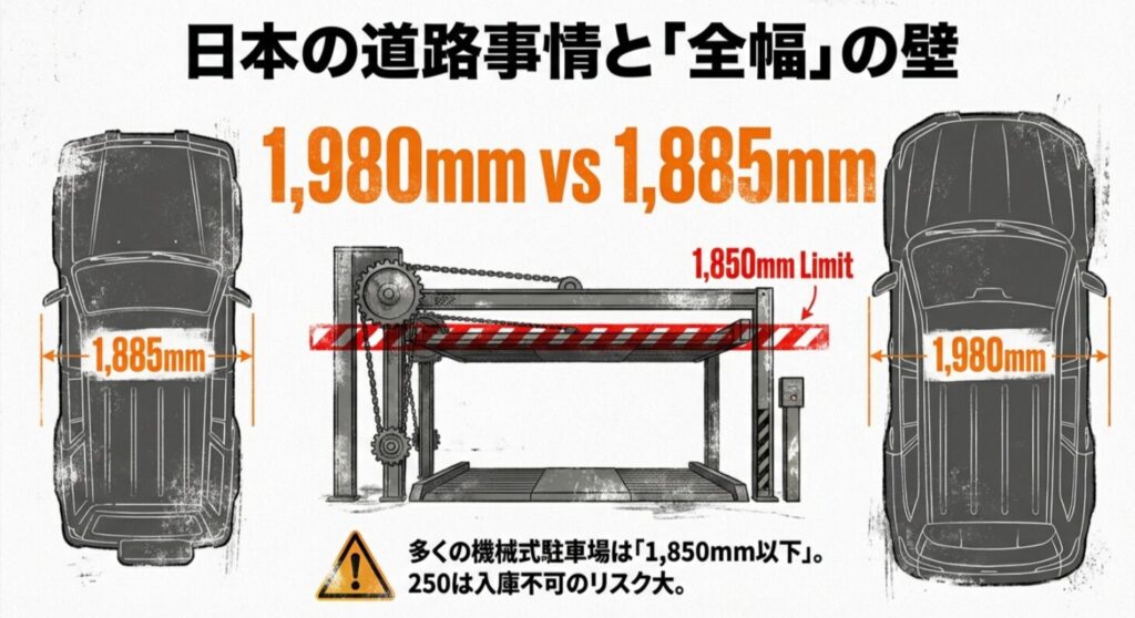 ランクル250の全幅1,980mmとプラドの1,885mmを比較し、機械式駐車場の1,850mm制限には入庫不可のリスクがあることを示す図解 。