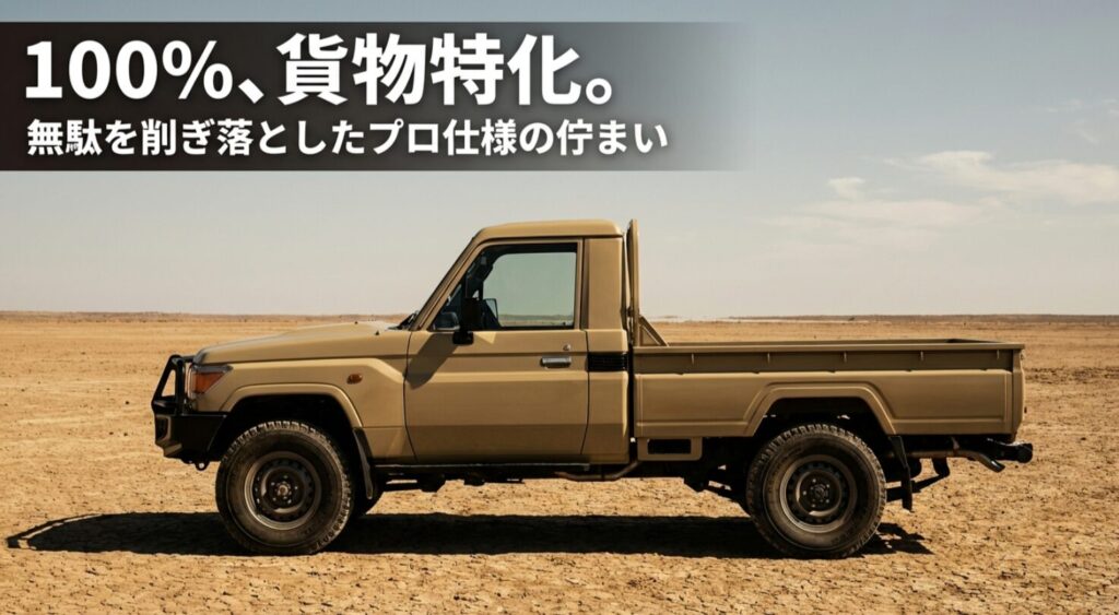 ランクル70シングルキャブのプロ仕様な佇まいを説明する画像。100%貨物特化、無駄を削ぎ落としたプロ仕様というテキスト。