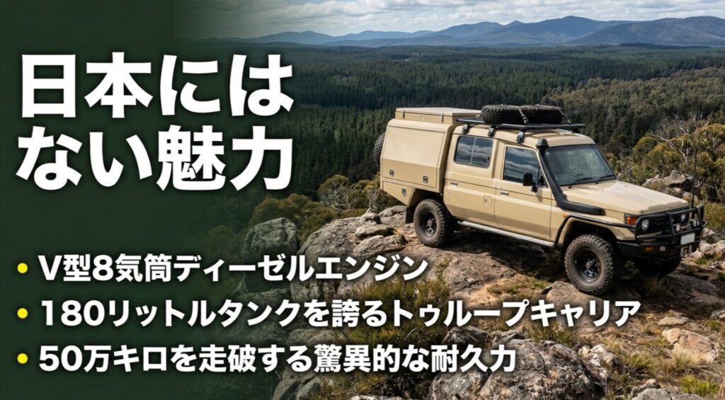 V8ディーゼルエンジンや180Lタンク、50万キロ走破の耐久性など豪州版ランクルの魅力を紹介するスライド