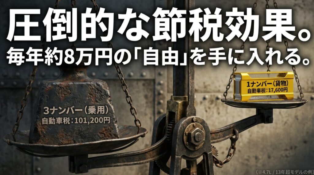 ランクル4.7Lモデルにおける1ナンバーと3ナンバーの自動車税の差額（約8万円）を示す比較図