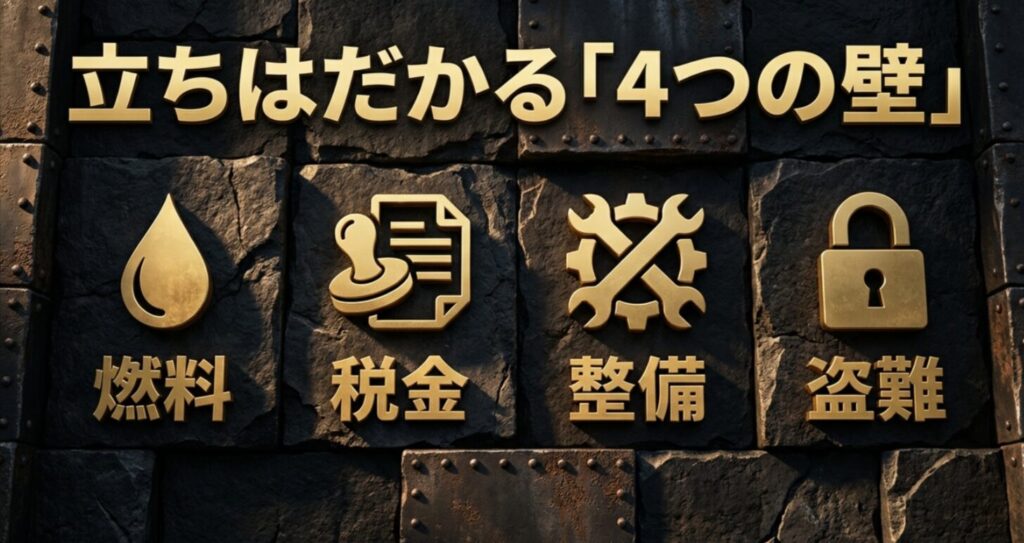 ランクル200の維持を困難にする、燃料、税金、整備、盗難の4つのコスト障壁の図解