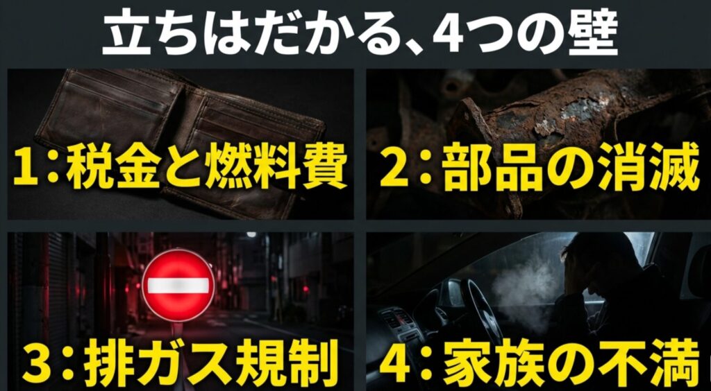 税金、燃料費、部品供給、排ガス規制、家族の不満という維持の4つの課題をまとめたスライド