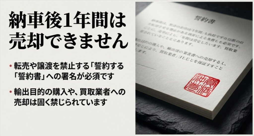 納車後1年間の売却禁止や輸出目的の購入禁止を定めた誓約書への署名に関する説明
