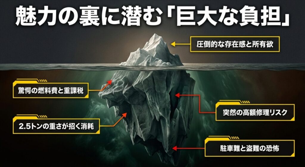 燃料費・重課税、修理リスク、車重による消耗、駐車難と盗難リスクというランドクルーザー100の4つの大きな負担を氷山に例えて図解した画像
