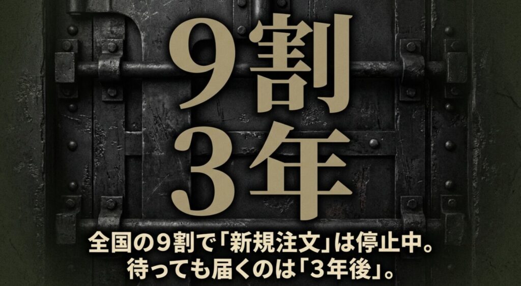 全国のトヨタディーラーの9割で受注が停止しており、納期が3年後であることを示す現状解説スライド