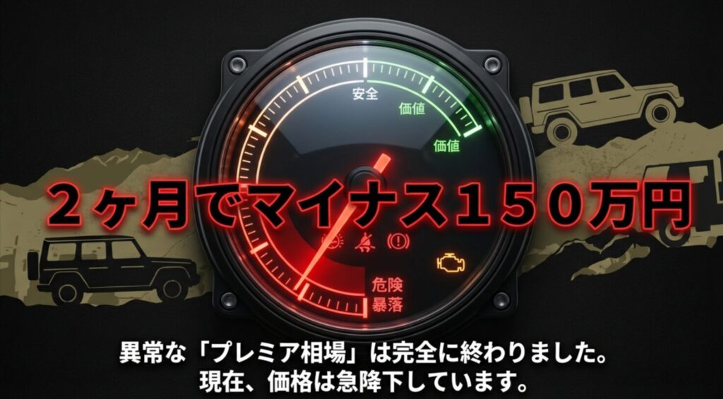 2ヶ月でマイナス150万円を記録し、異常なプレミア相場が終了して価格が急降下していることを示すグラフ付きスライド