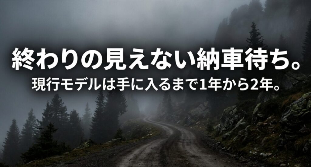 現行ランドクルーザー300系の納期が1〜2年となっている現状を示すスライド。