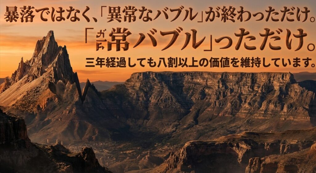 プラドの価格変動は暴落ではなく異常なバブルが終わっただけであり、3年経過後も8割以上の価値を維持していることを示す画像