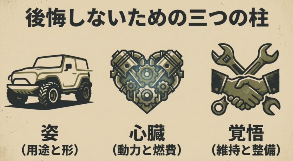 ランドクルーザープラド選びの重要項目として、用途と形の「姿」、動力と燃費の「心臓」、維持と整備の「覚悟」を挙げた概念図。