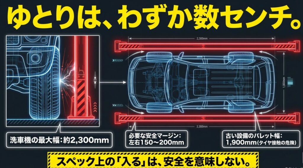 洗車機最大幅2,300mmに対し左右150〜200mmのマージンが必要な理由と古い設備のパレット幅1,900mmの危険性