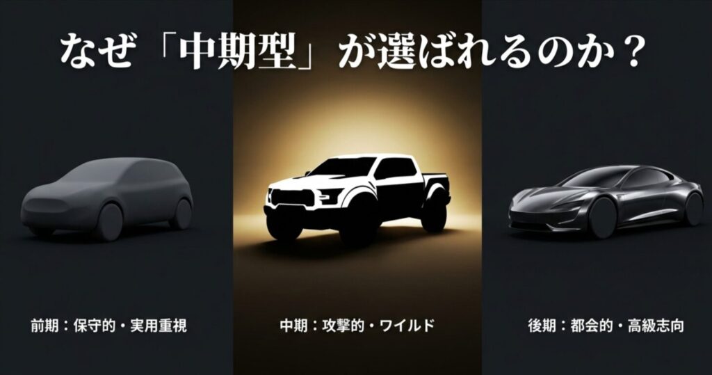 前期（保守的）、中期（攻撃的）、後期（都会的）の立ち位置を比較した図解