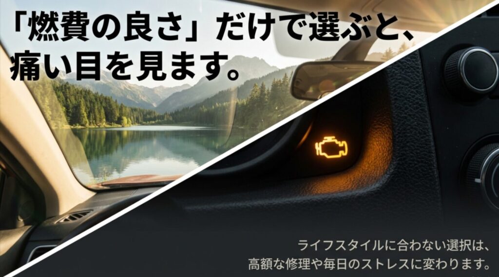 ライフスタイルに合わないディーゼル車選びがストレスや高額修理を招くことを説明するスライド