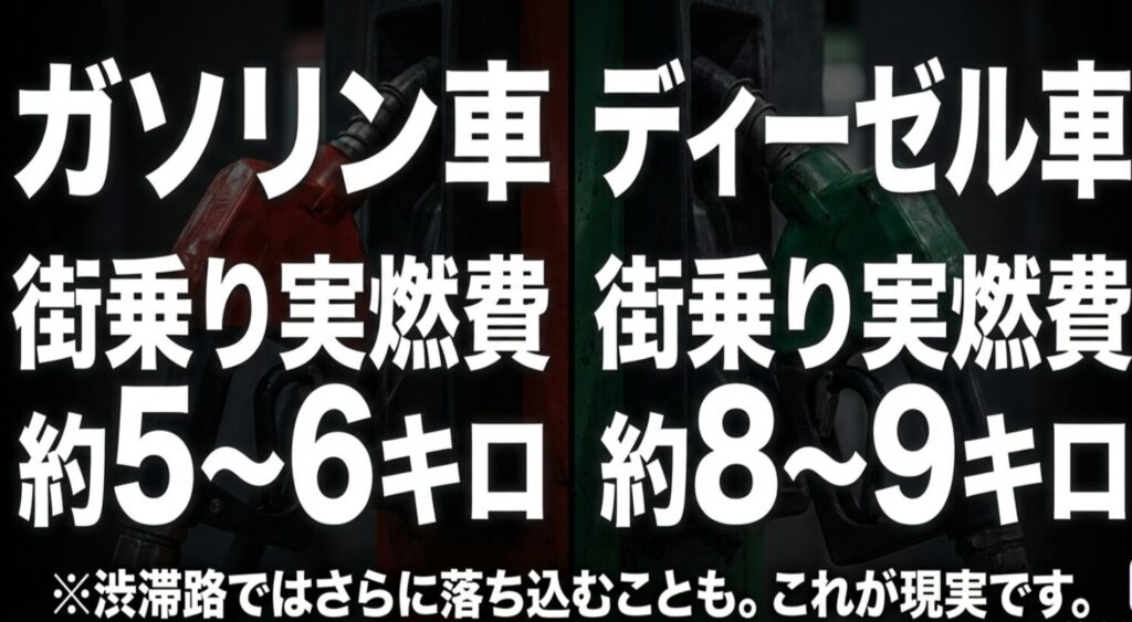 プラドのガソリン車（約5〜6キロ）とディーゼル車（約8〜9キロ）の街乗り実燃費を比較したスライド