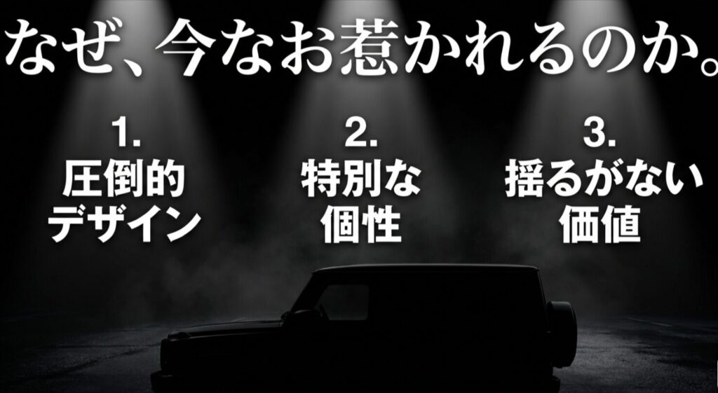 プラド150系後期の人気の理由としてデザイン、個性、価値の3点を挙げたスライド画像