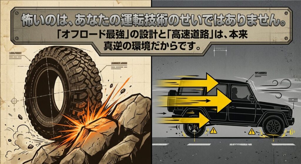 岩場を走るタイヤのイラストとともに、オフロード最強の設計が高速道路とは真逆の環境であることを説明する図。