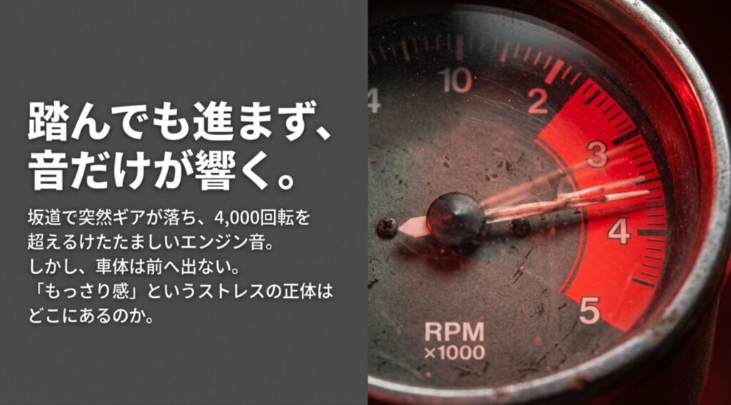 坂道で4,000回転を超えてエンジン音が響くものの、車体が前に進まないもどかしさを表したスライド 。